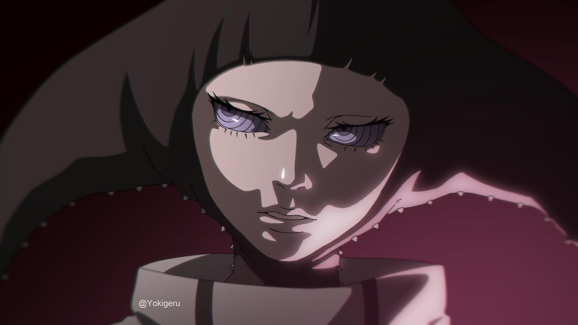 boruto: two blue vortex, naruto (series), bad id, bad twitter id, derivative work, highres, 1girl, black hat, blurry, chromatic aberration, comic panel redraw, hat, looking to the side, matsuri (boruto), parted lips, portrait, purple eyes, ringed eyes, rinnegan, solo, twitter username, yokigeru