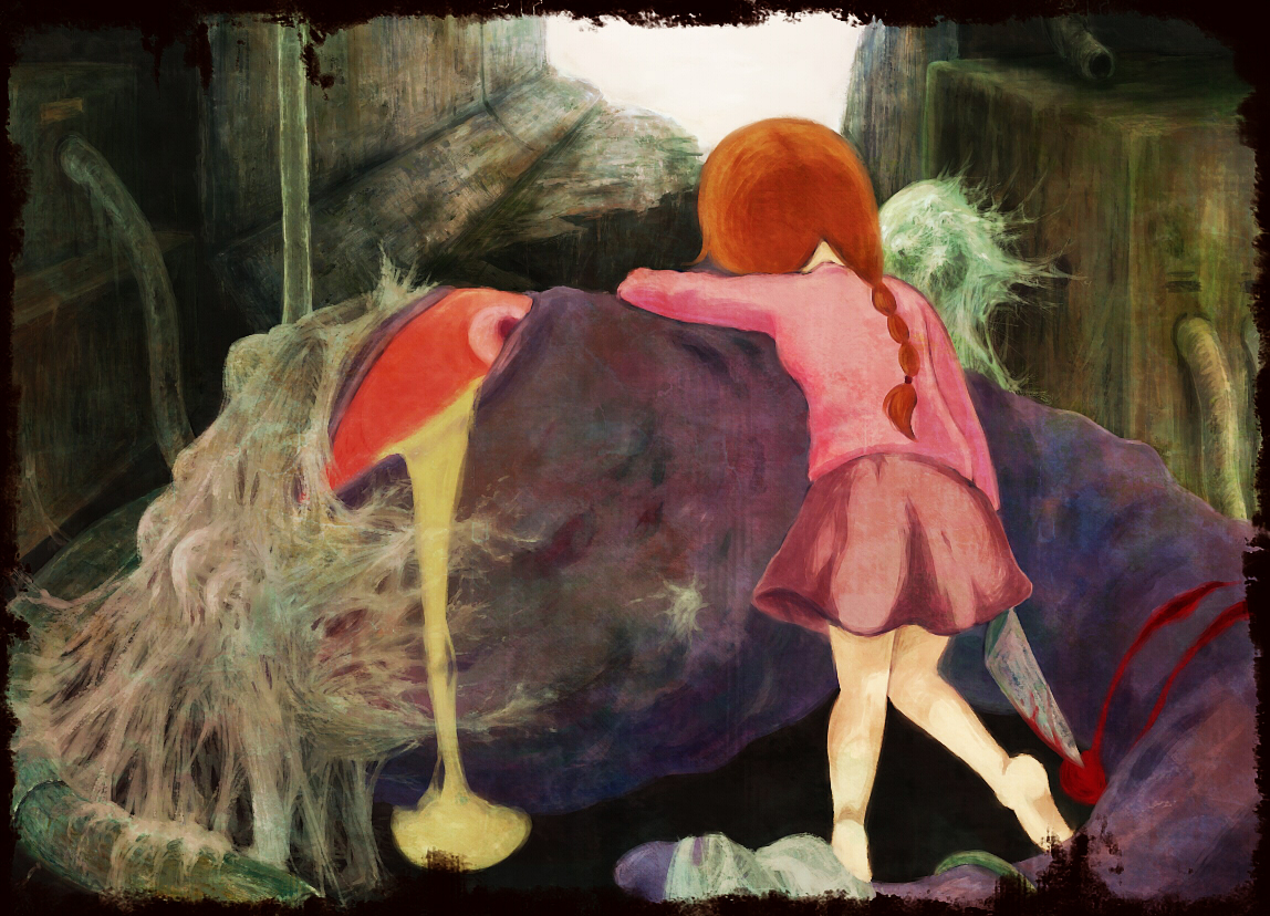 amamidori, kasei-san, madotsuki, yume nikki, bad id, bad pixiv id, 1girl, barefoot, blood, braid, death, knife, pink shirt, sewer, shirt, skirt, sweater