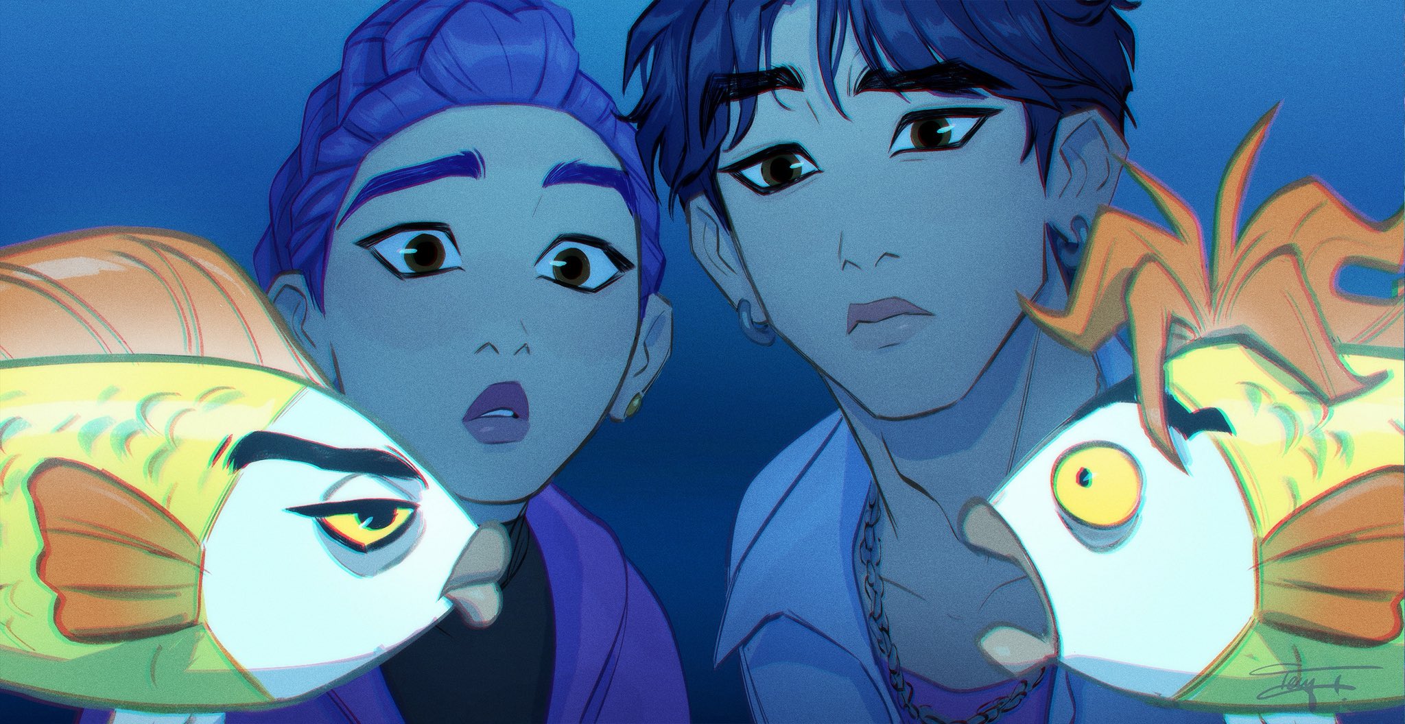 jinu (kpop demon hunters), rumi (kpop demon hunters), kpop demon hunters, commentary, highres, 1boy, 1girl, aquarium, black hair, braid, braided ponytail, brown eyes, chain, closed mouth, collared shirt, earrings, fish, jewelry, looking at another, parted lips, purple hair, shirt, short hair, signature, tenyais