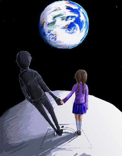 makita (mugitya3776), madotsuki, sekomumasada sensei, yume nikki, 1boy, 1girl, black hair, braid, brown hair, earth (planet), from behind, holding hands, kneehighs, planet, skirt, socks, space, spacecraft, sweater, twin braids