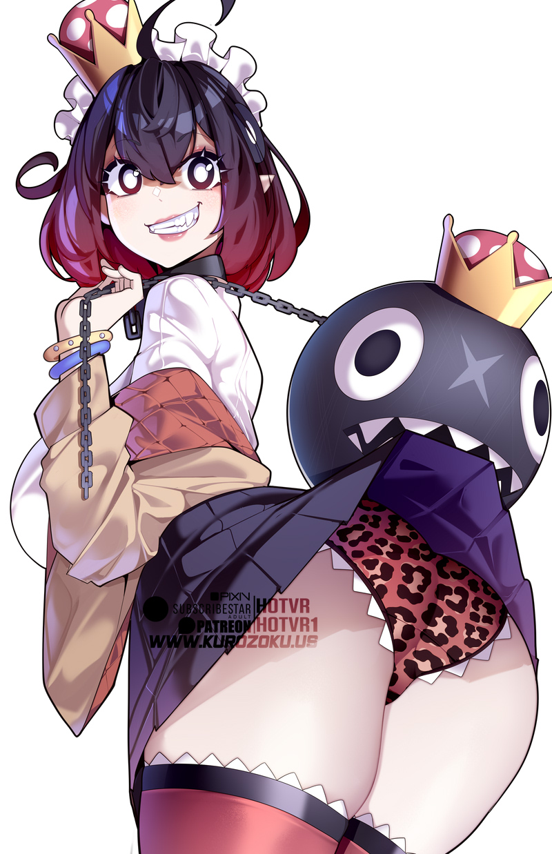 hot vr, princess chain chomp, mario (series), new super mario bros. u deluxe, nintendo, commentary, english commentary, highres, 1girl, ahoge, ass, black eyes, black hair, black skirt, bracelet, chain, chain leash, clothes lift, collar, from behind, gradient hair, jewelry, leash, lifting own clothes, looking at viewer, multicolored hair, off shoulder, panties, patreon logo, patreon username, pixiv logo, pixiv username, pleated skirt, pointy ears, print panties, red hair, sharp teeth, shirt, skirt, skirt lift, solo, subscribestar logo, subscribestar username, super crown, teeth, underwear, white background, white shirt