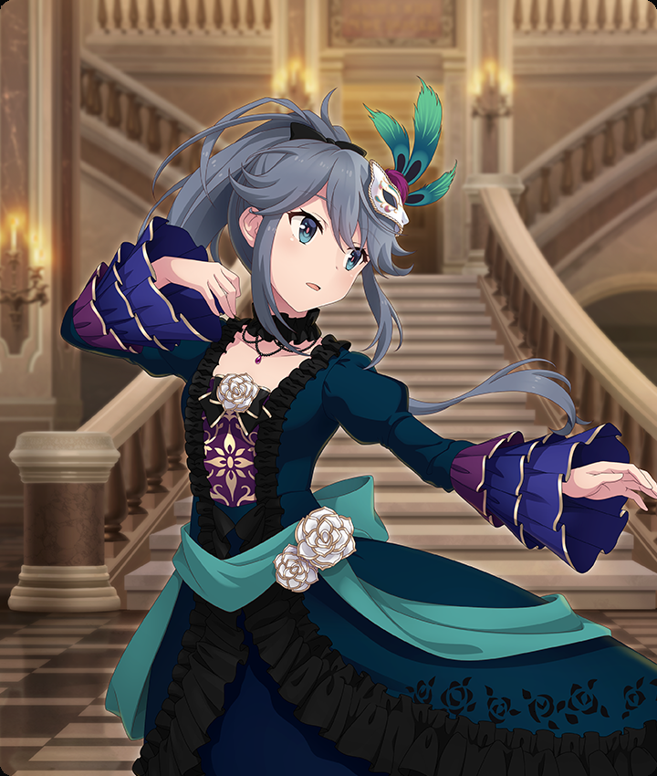 yamashiro yui, toji no miko, toji no miko: kizamishi issen no tomoshibi, game cg, official art, third-party source, 1girl, black bow, black choker, black hair, blue dress, blue eyes, bow, breasts, candelabra, candlestand, choker, cowboy shot, dot nose, dress, eye mask, feathers, flower, formal clothes, frilled choker, frilled dress, frills, gem, green feathers, green sash, hair bow, hand up, indoors, jewelry, layered sleeves, long hair, long sleeves, looking to the side, mask, mask on head, masquerade mask, necklace, open mouth, outstretched arm, peacock feathers, pink pupils, purple gemstone, railing, rose, sash, sidelocks, small breasts, solo, stairs, tile floor, tiles, white flower, white mask, white rose