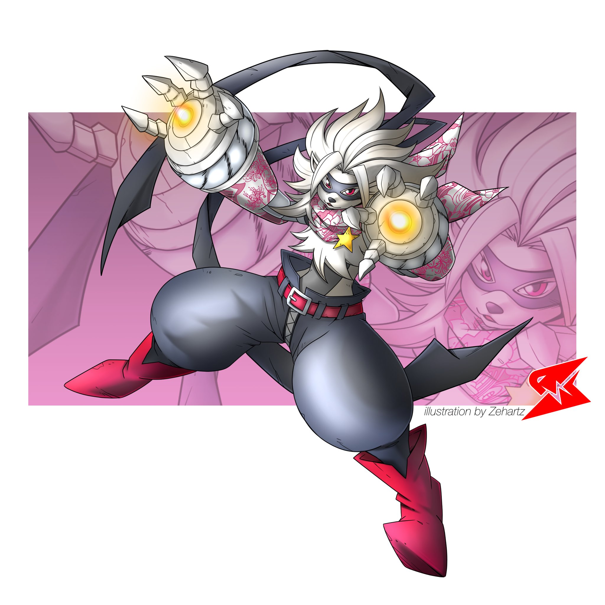 zehartz, wolvermon, digimon, belt, digimon (creature), mask, red eyes, scarf, star (symbol)