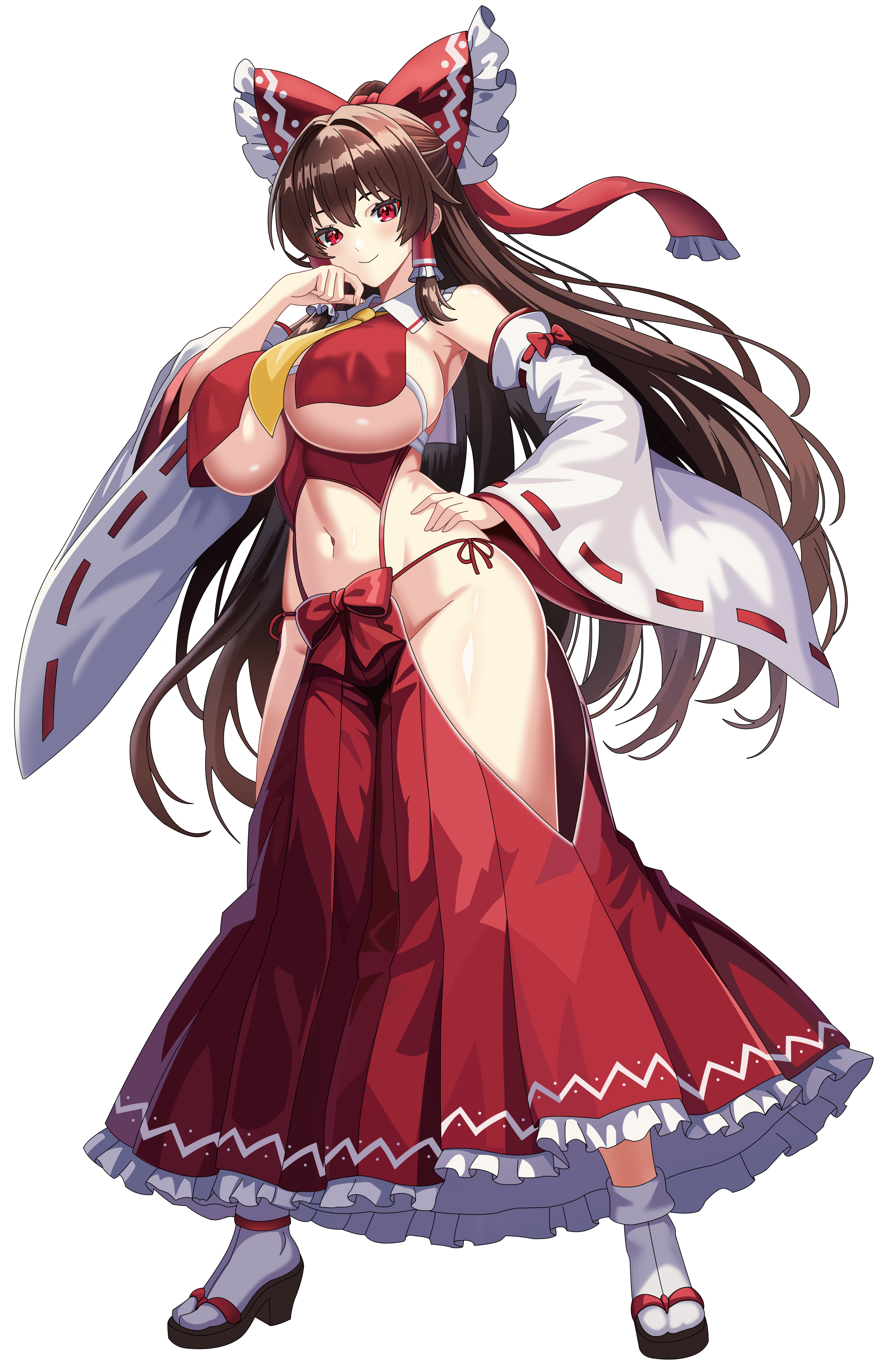 hakurei reimu, touhou, absurdres, commentary request, highres, adapted costume, alternate costume, armpit crease, armpits, bare hips, bare shoulders, breast curtains, breasts, brown hair, detached sleeves, furisode, groin, hakama, japanese clothes, kimono, large breasts, long hair, makyuchayukkurijikkyou, midriff, navel, necktie, nontraditional miko, red eyes, red hakama, revealing clothes, sandals, shiny skin, stomach, tabi, tachi-e, thick thighs, thighs, transparent background, very long hair, zouri