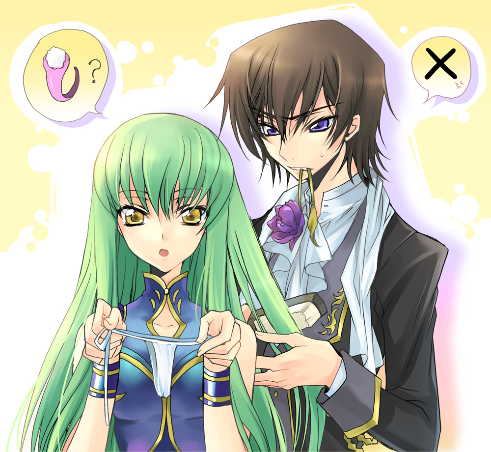 creayus, c.c., lelouch vi britannia, code geass, brush, 00s, 1boy, 1girl, :o, black hair, brushing another's hair, brushing hair, flower, green hair, mouth hold, open mouth, panties, purple eyes, scarf, teeth, thong, underwear, yellow eyes