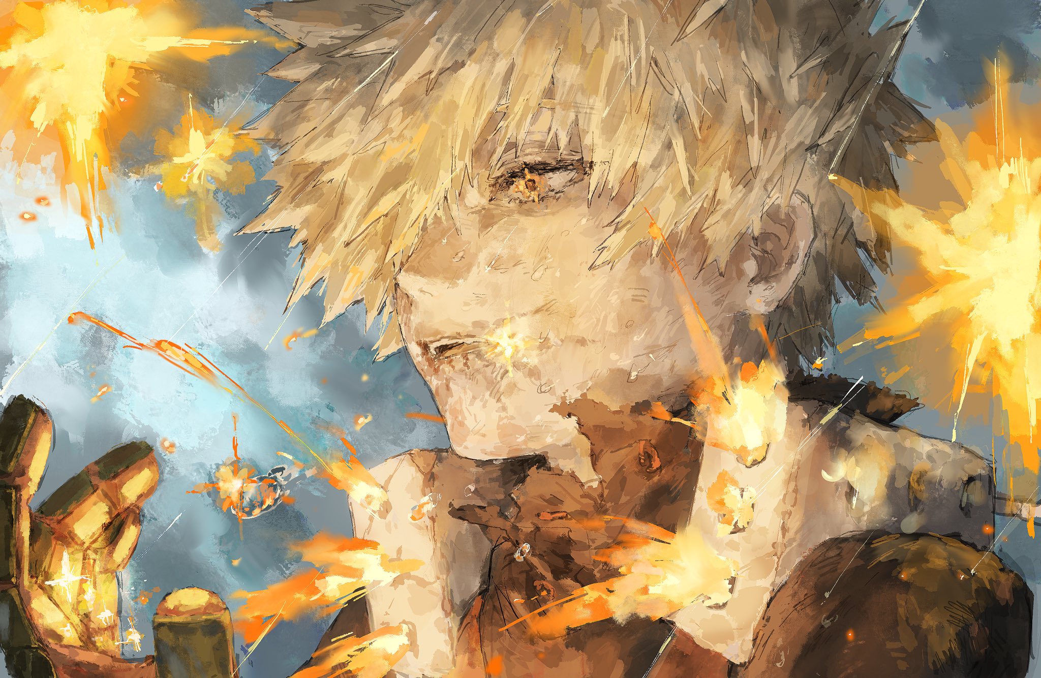 bakugou katsuki, boku no hero academia, highres, 1boy, 77 t2w, arm up, black shirt, blonde hair, collared shirt, explosion, from side, gloves, hair over one eye, male focus, multicolored gloves, one eye covered, open mouth, orange eyes, profile, shirt, short hair, spiked hair, teeth, torn clothes, torn shirt, upper teeth only