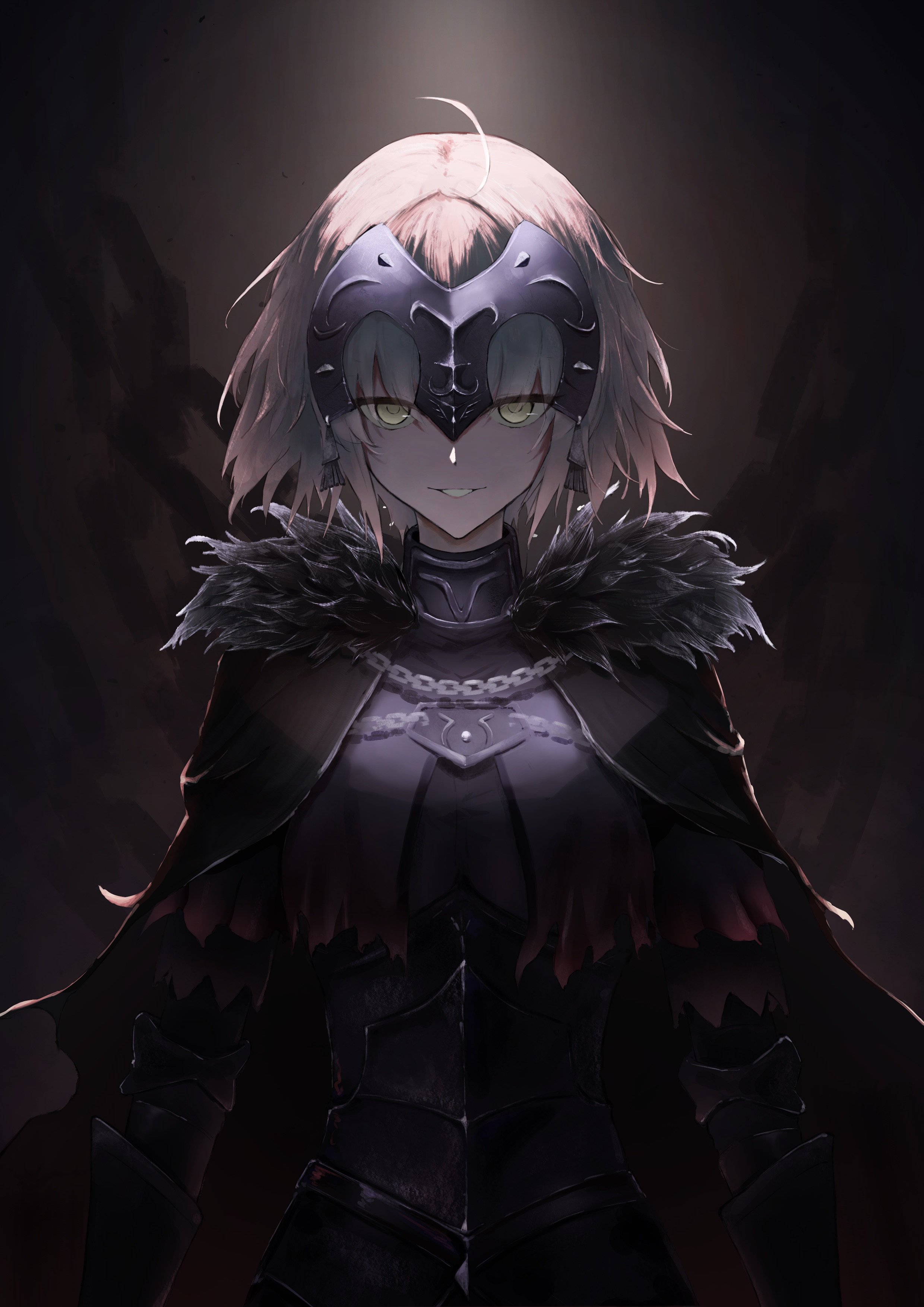 fuwaita, jeanne d'arc alter (avenger) (fate), jeanne d'arc alter (fate), fate/grand order, fate (series), absurdres, commentary request, highres, 1girl, ahoge, armor, armored dress, breasts, cape, chain, dress, faulds, fur-trimmed cape, fur trim, gauntlets, headpiece, looking at viewer, medium breasts, plackart, short hair, white hair, yellow eyes