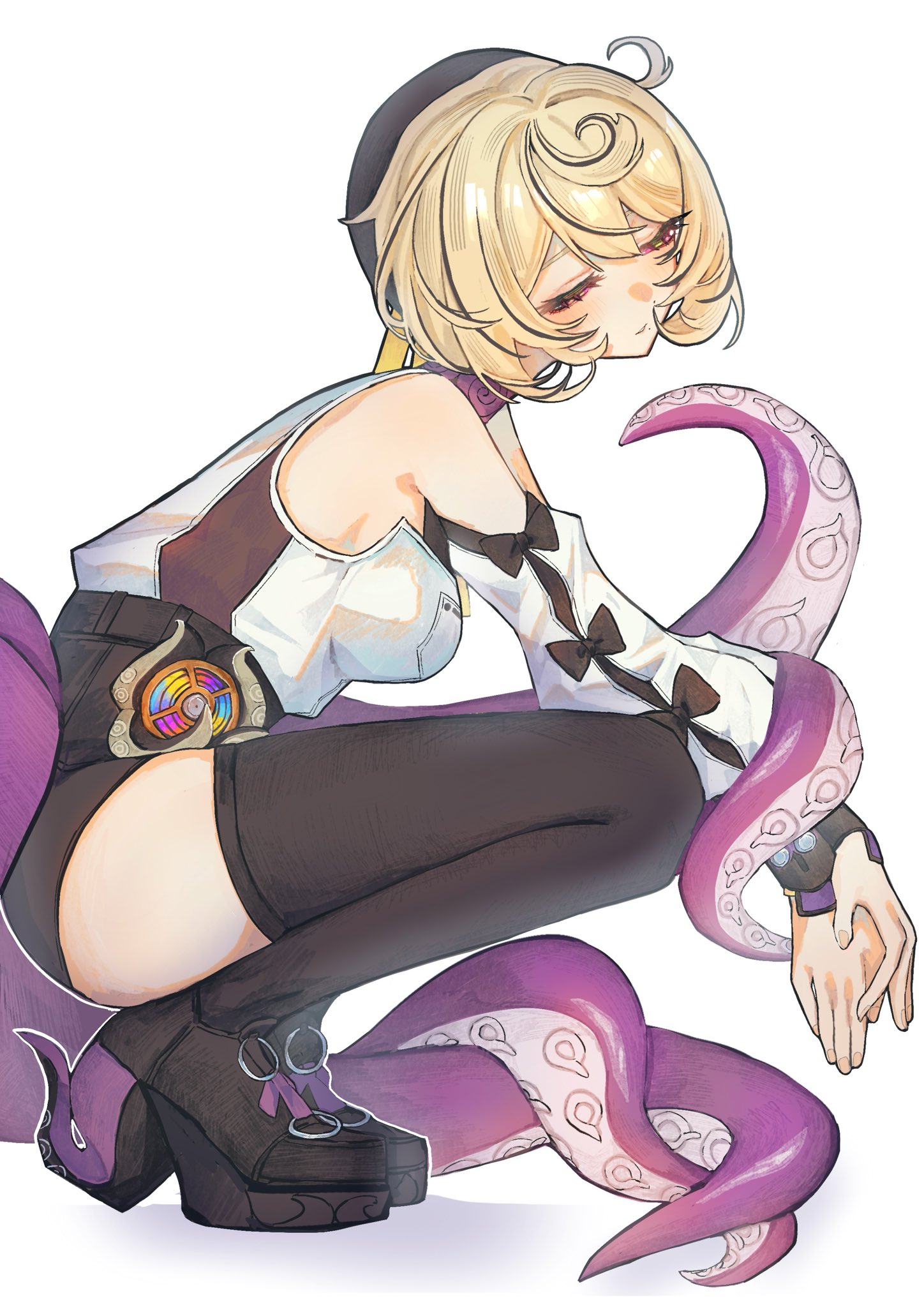 czc9q2, yidhari murphy, zenless zone zero, commentary request, highres, 1girl, bare shoulders, beret, black hat, black shoes, black shorts, black thighhighs, blonde hair, breasts, cowlick, detached sleeves, from side, half-closed eyes, hat, high-waist shorts, large breasts, mole, mole under mouth, own hands together, parted lips, purple eyes, shirt, shoes, short hair, shorts, simple background, solo, squatting, suction cups, tentacle girl, tentacle tail, tentacles, thighhighs, white background, white shirt