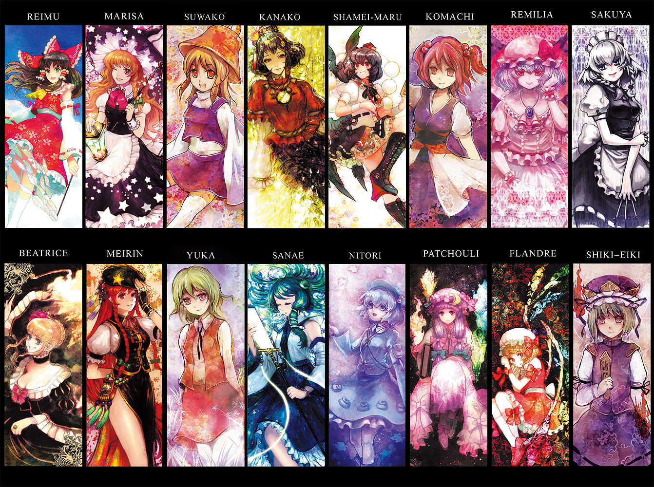 hiroko (artist), hiroko (keshika), beatrice (umineko), flandre scarlet, hakurei reimu, hong meiling, izayoi sakuya, kawashiro nitori, kazami yuuka, kirisame marisa, kochiya sanae, moriya suwako, onozuka komachi, patchouli knowledge, remilia scarlet, shameimaru aya, shiki eiki, yasaka kanako, touhou, umineko no naku koro ni, silver hair, 00s, 6+girls, black hair, black wings, blonde hair, blue eyes, blue hair, book, braid, breasts, brown hair, chinese clothes, choker, cleavage, detached sleeves, dress, everyone, female focus, frog, geta, green hair, hair bobbles, hair ornament, hat, japanese clothes, kiseru, large breasts, long hair, miko, multiple girls, odd one out, pantyhose, purple eyes, purple hair, red eyes, red hair, ribbon, short hair, side ponytail, skirt, skirt set, smoking pipe, snake, tengu-geta, thighhighs, tokin hat, twin braids, twintails, two side up, vest, wings