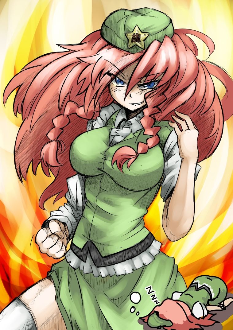 naui kudan, ex-meiling, hong meiling, immaterial and missing power, touhou, 1girl, blue eyes, braid, china dress, chinese clothes, dreaming, dress, female focus, hat, long hair, red hair, solo, thighhighs, twin braids, white thighhighs, zzz