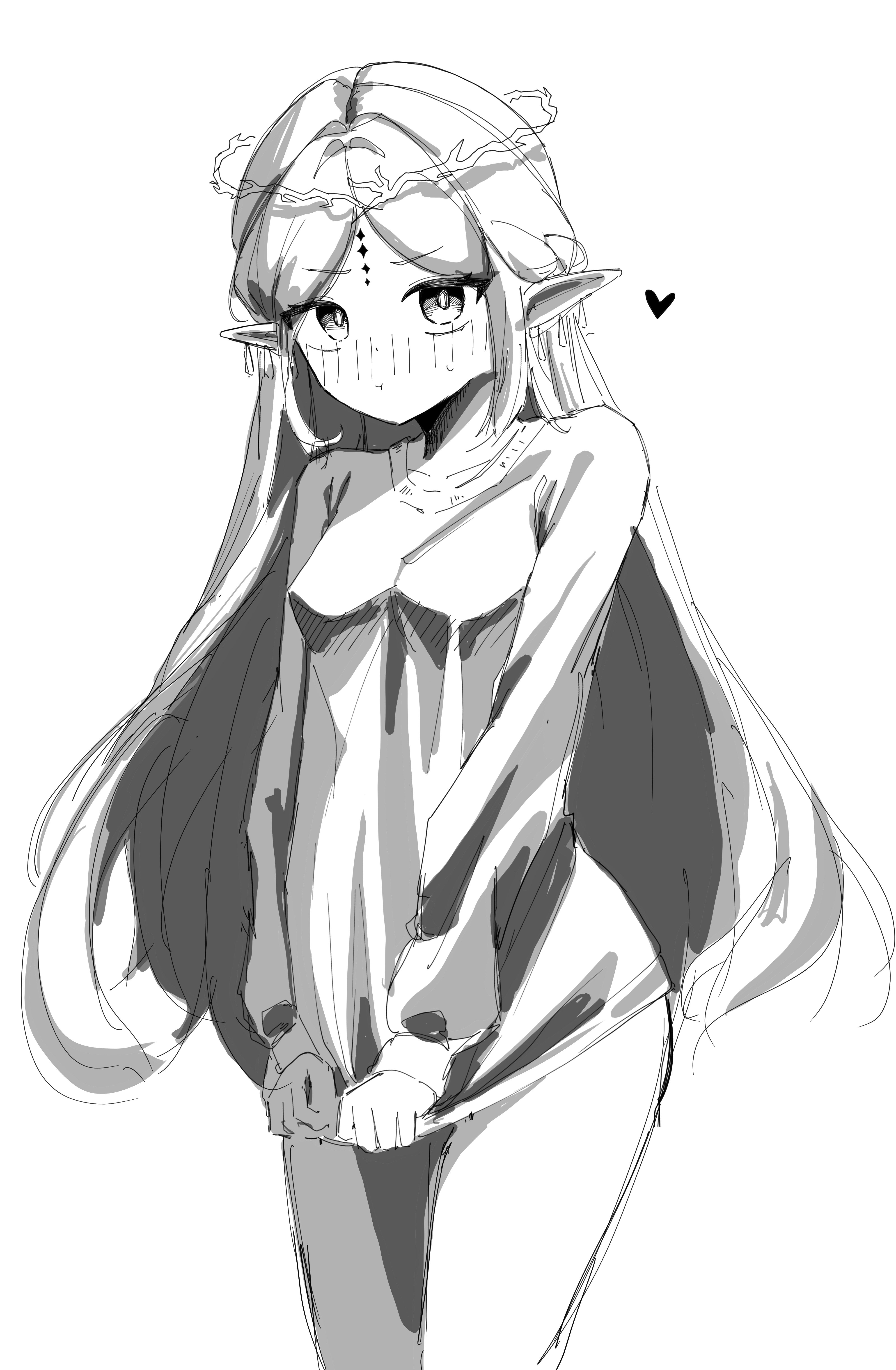 cartethyia (wuthering waves), wuthering waves, absurdres, commentary request, highres, korean commentary, 1girl, :t, blush, breasts, closed mouth, collarbone, cowboy shot, crown of thorns, dot nose, earrings, greyscale, haesagadoenraempeuai, heart, jewelry, long hair, long sleeves, looking at viewer, monochrome, no pants, nose blush, parted bangs, pointy ears, pout, shirt tug, sidelocks, simple background, sketch, small breasts, small sweatdrop, solo, straight hair, tacet mark (wuthering waves), teardrop earrings, thighs, v-shaped eyebrows, white background