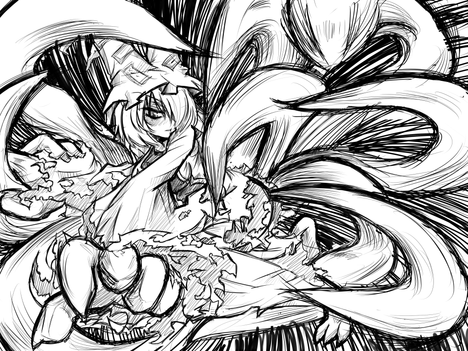 naui kudan, yakumo ran, touhou, 1girl, animal hat, female focus, fox tail, greyscale, hat, long sleeves, mob cap, monochrome, multiple tails, short hair, solo, tail, torn clothes