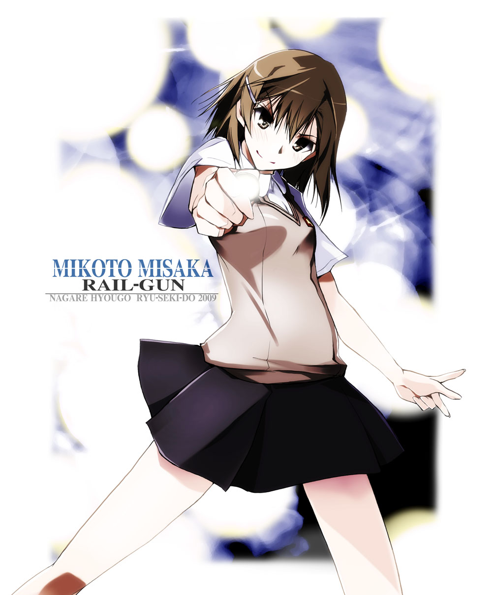 nagare hyougo, misaka mikoto, toaru kagaku no railgun, toaru majutsu no index, highres, 00s, 1girl, brown eyes, brown hair, coin, female focus, hair ornament, hairclip, school uniform, short hair, skirt, smile, solo, sweater vest