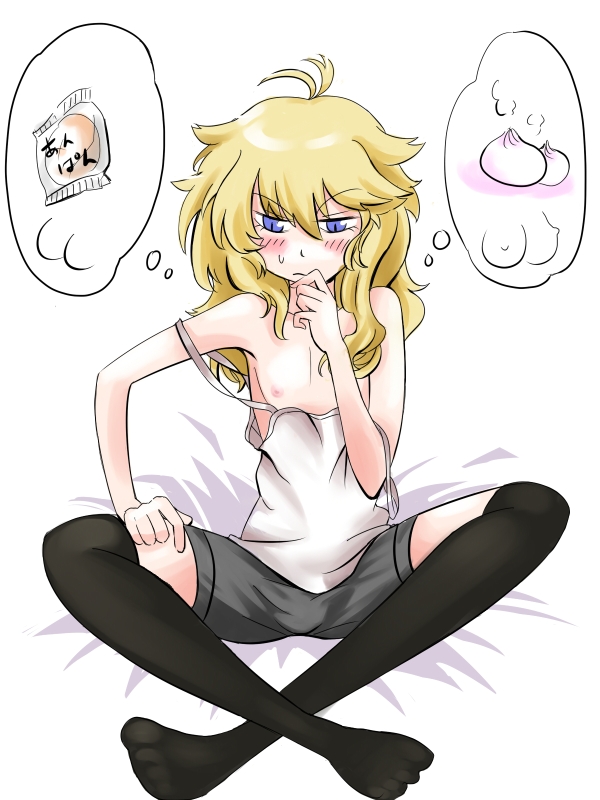 naui kudan, kirisame marisa, touhou, 1boy, androgynous, blonde hair, blue eyes, blush, genderswap, genderswap (ftm), long hair, male focus, nipples, solo, thighhighs