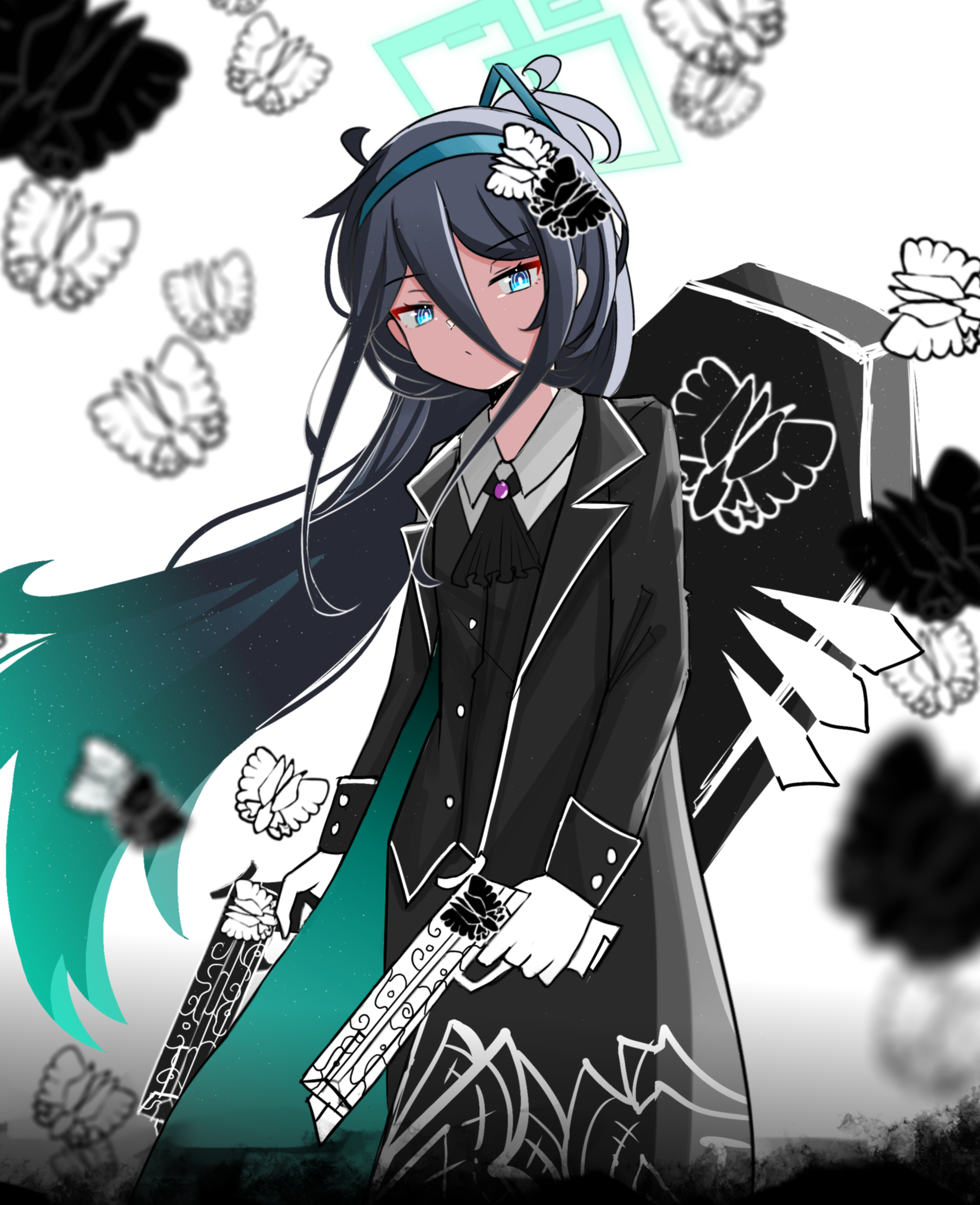 sari (zakura27502762), aris (blue archive), blue archive, library of ruina, project moon, absurdres, commentary, highres, 1girl, alternate costume, ascot, black ascot, black butterfly, black coat, black hair, black suit, blue hairband, brooch, bug, butterfly, butterfly hair ornament, coat, coffin, collared shirt, e.g.o (project moon), formal clothes, gem, gloves, gun, hair ornament, hairband, handgun, holding, holding gun, holding weapon, insect, jewelry, lapels, long bangs, long coat, long hair, long sidelocks, looking at viewer, notched lapels, ponytail, purple gemstone, shirt, sidelocks, solemn lament (e.g.o), solo, suit, very long hair, weapon, white background, white butterfly, white gloves, white shirt