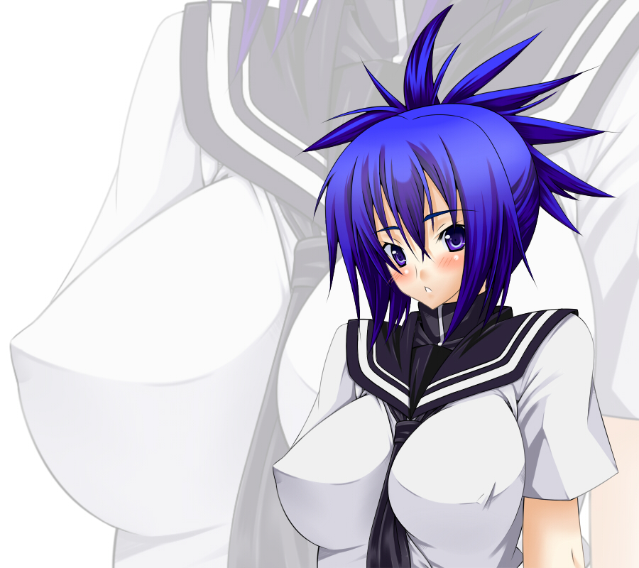 akutsu, senou natsuru, kampfer, bad id, bad pixiv id, gender request, 00s, 1girl, between breasts, blue eyes, blue hair, blush, breasts, female focus, genderswap, large breasts, matching hair/eyes, school uniform, solo, zoom layer