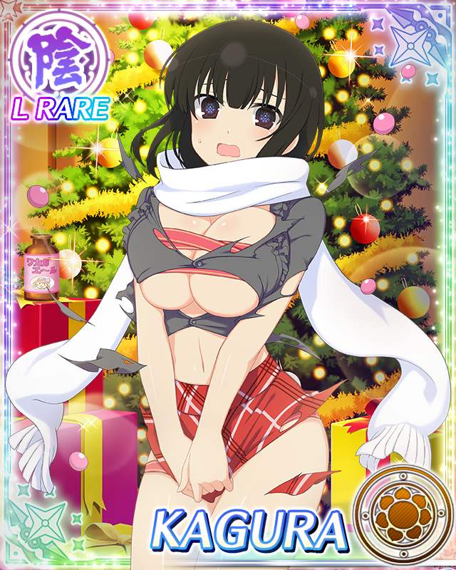 haruka (senran kagura), kagura (senran kagura), senran kagura, senran kagura new wave, game cg, official art, third-party source, 1girl, aged down, black eyes, black hair, blue pupils, blush, border, box, breasts, budget sarashi, card (medium), character name, christmas, christmas ornaments, christmas tree, cleavage, covering privates, embarrassed, flower-shaped pupils, gift, gift box, grey shirt, height growth, large breasts, long scarf, medium hair, navel, panties, pill bottle, red panties, red ribbon, red skirt, ribbon, sarashi, scarf, shirt, skirt, skirt hold, solo, surprised, sweater, symbol-shaped pupils, torn clothes, torn shirt, torn skirt, undersized clothes, underwear, white scarf