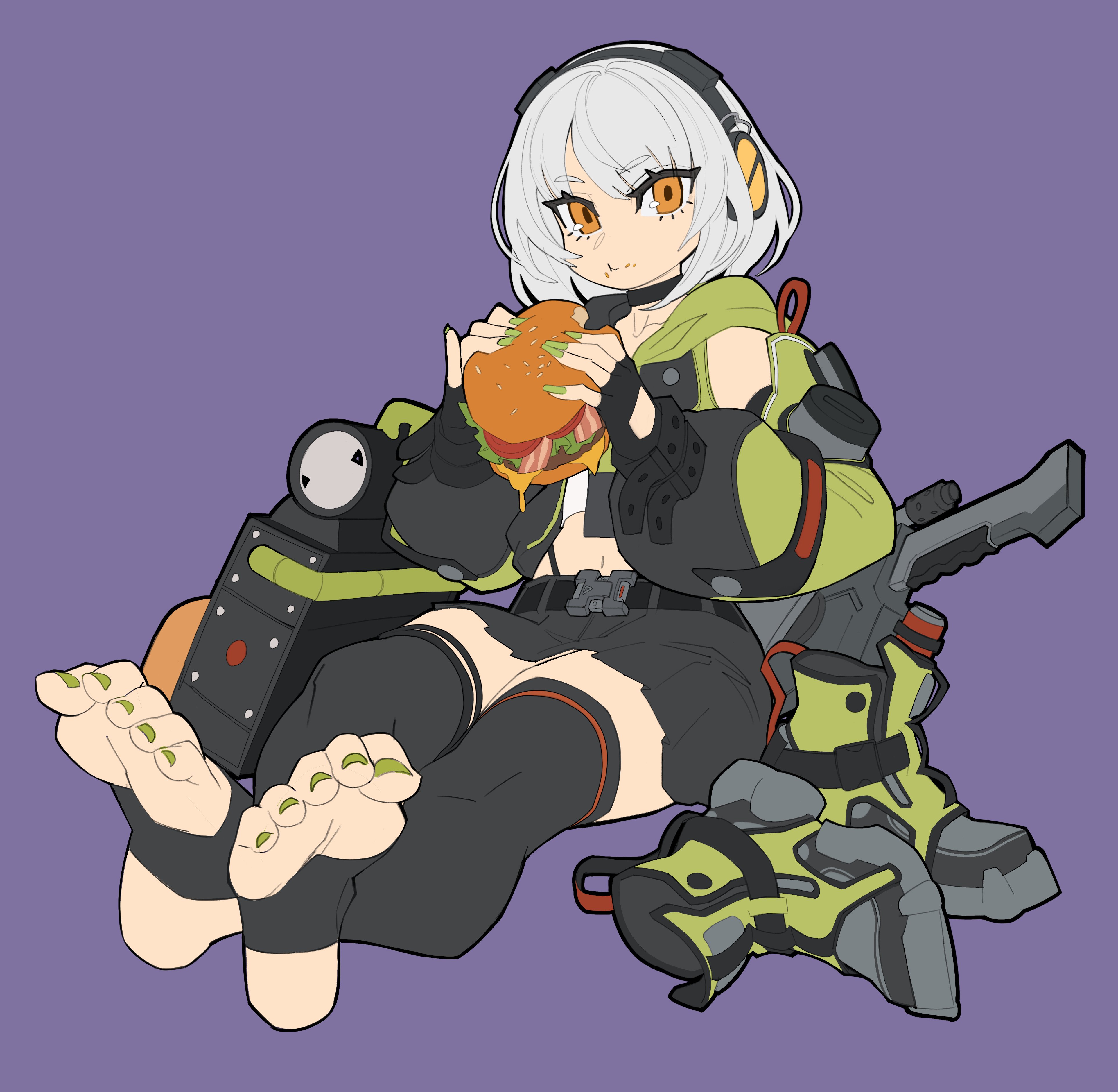 nezo, anby demara, zenless zone zero, absurdres, commentary, english commentary, highres, unfinished, 1girl, black gloves, black skirt, black thighhighs, boots, burger, closed mouth, eating, feet, fingerless gloves, fingernails, food, full body, gloves, green boots, green jacket, headphones, holding, holding burger, holding food, jacket, long sleeves, looking at viewer, miniskirt, nail polish, navel, orange eyes, parted bangs, purple background, short hair, simple background, skirt, solo, stirrup legwear, thighhighs, toe scrunch, toeless legwear, toenail polish, toenails, toes, unworn boots, white hair