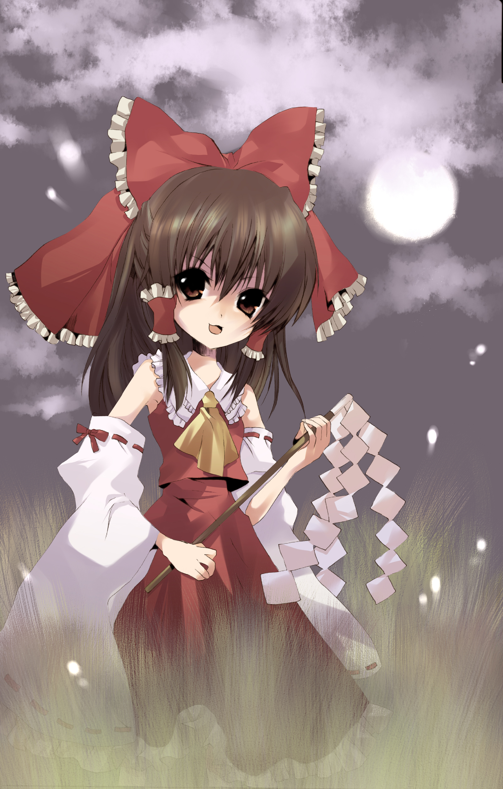 pokkuri, hakurei reimu, touhou, absurdres, bad id, bad pixiv id, highres, 1girl, bow, brown eyes, brown hair, detached sleeves, female focus, gohei, japanese clothes, miko, nature, oonusa, outdoors, plant, short hair, skirt, sky, solo