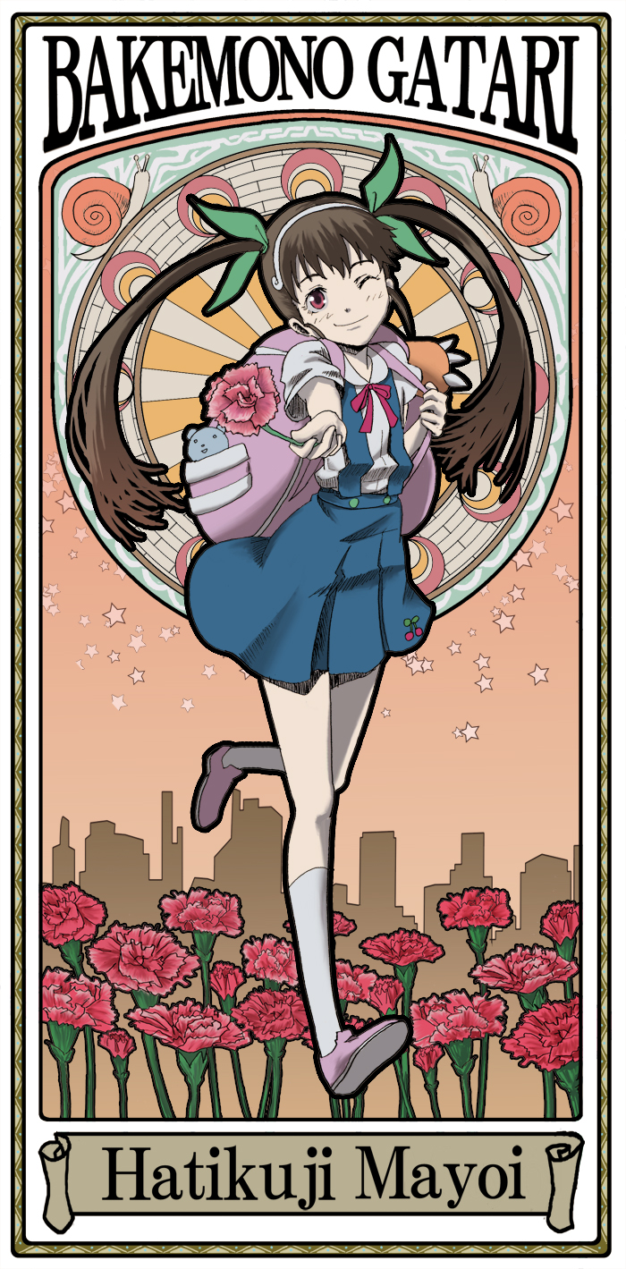 kaeru314, kaeru (kaerism), hachikuji mayoi, bakemonogatari, monogatari (series), highres, 00s, 1girl, art nouveau, backpack, bag, brown hair, carnation, female focus, flower, hair ribbon, hairband, legs, long hair, one eye closed, randoseru, red carnation, red eyes, red flower, ribbon, school uniform, snail, solo, twintails, wink