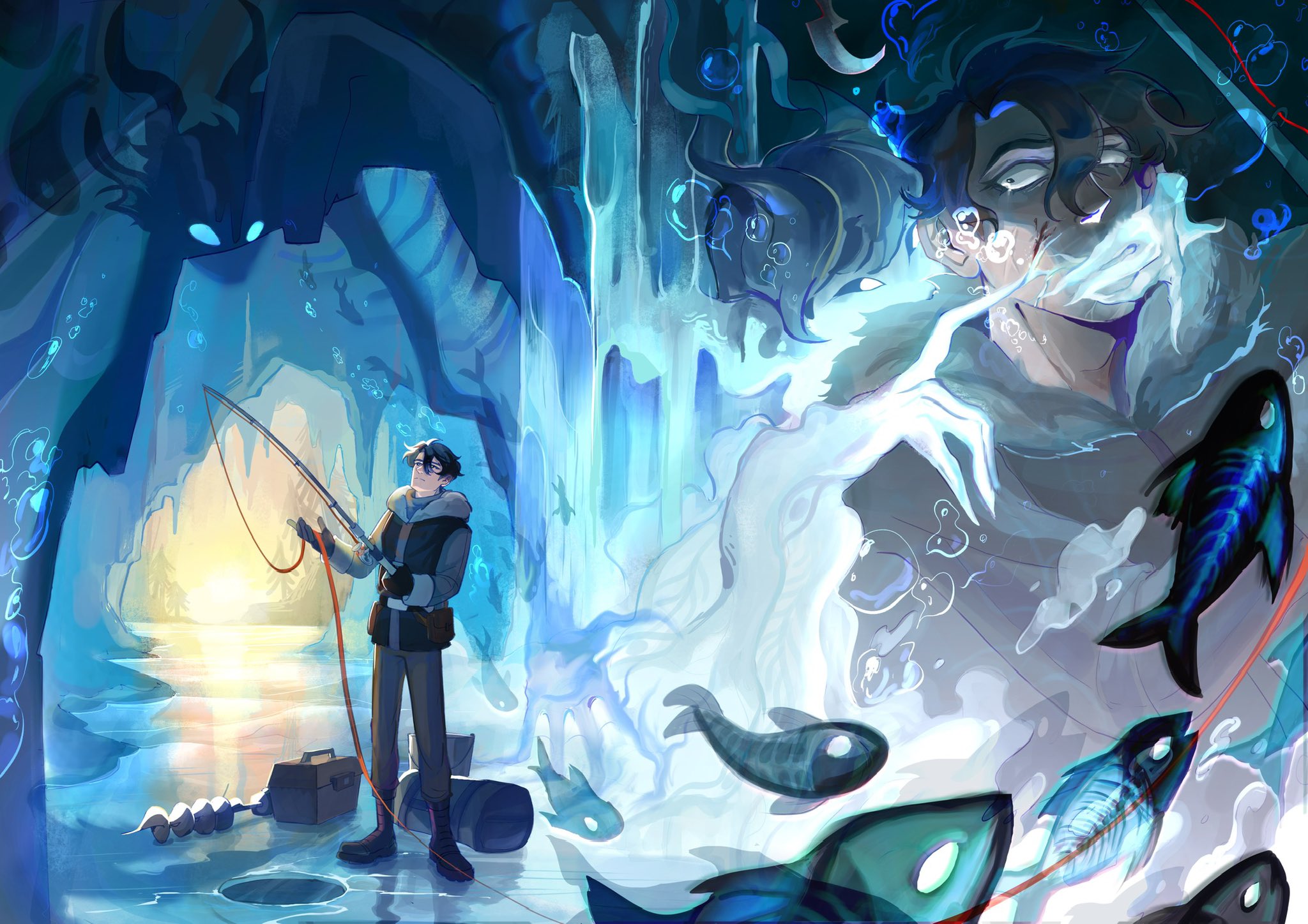 kim dokja, yoo joonghyuk, omniscient reader's viewpoint, commentary, english commentary, fish request, highres, 2boys, air bubble, animalization, black gloves, black hair, bubble, cave, coat, constricted pupils, covering another's mouth, curtained hair, empty eyes, fish, fishing rod, full body, fur collar, gloves, grassjellyg00d, hair between eyes, holding, holding fishing rod, horns, ice fishing, male focus, multiple boys, multiple views, sea serpent, short hair, water, waterfall, winter clothes, winter coat