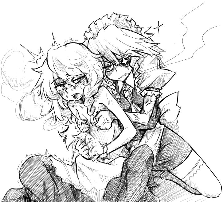 naui kudan, izayoi sakuya, kirisame marisa, touhou, 2girls, angry, blush, braid, breast envy, breasts, female focus, grabbing another's breast, greyscale, groping, maid, monochrome, multiple girls, small breasts, thighhighs, topless female, you gonna get raped, yuri