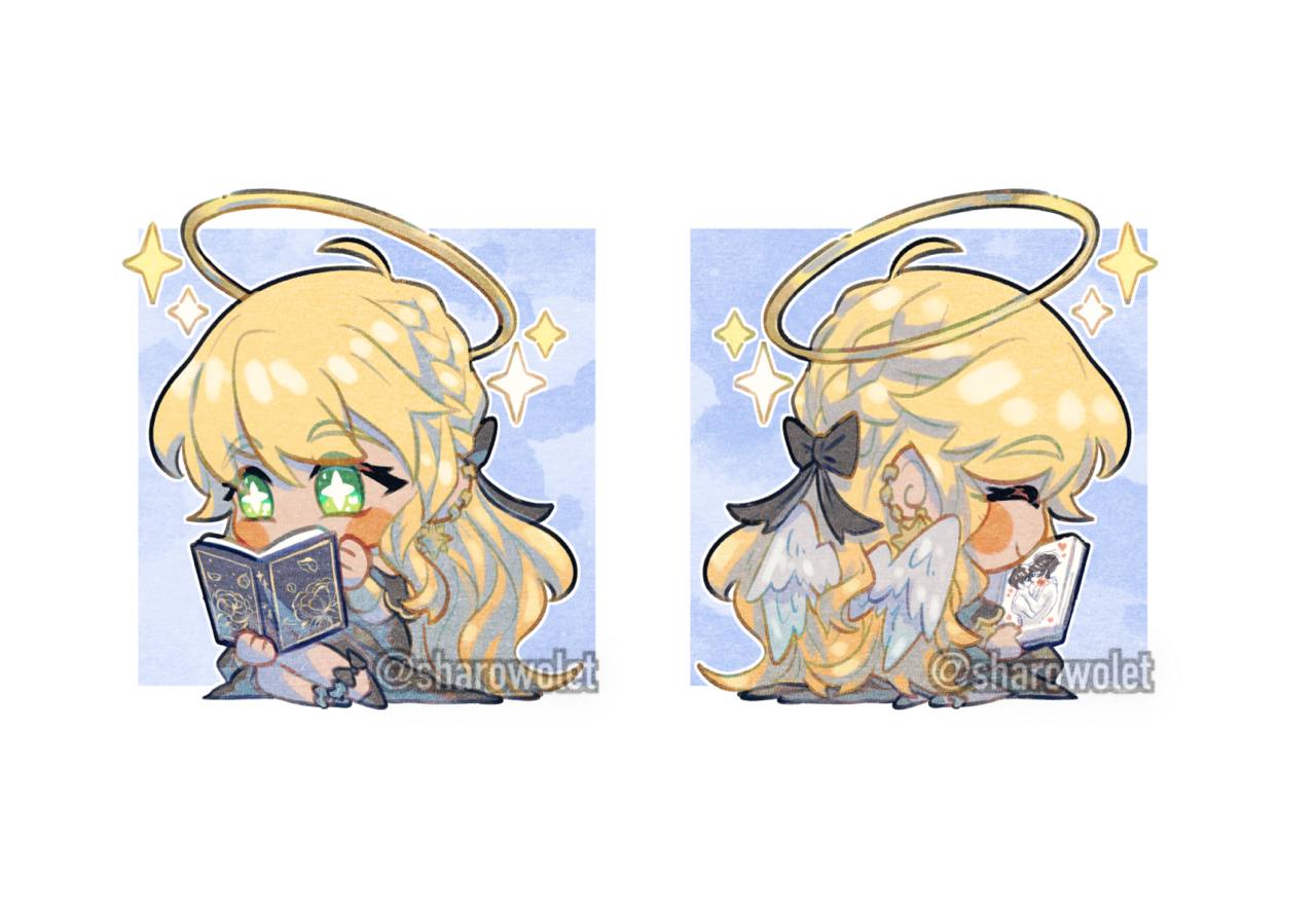 sharowolet, kim dokja, uriel (omniscient reader's viewpoint), yoo joonghyuk, omniscient reader's viewpoint, commentary, english commentary, 1girl, ankle cuffs, black dress, blonde hair, book, braid, chibi, chibi only, dress, feathered wings, front and back, full body, green eyes, hair ribbon, halo, holding, holding book, long hair, ribbon, seiza, sitting, smile, solo, sparkling eyes, white wings, wings, wrist cuffs