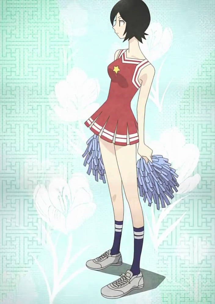 hitou nami, sayonara zetsubou sensei, anime screenshot, stitched, third-party edit, 00s, 1girl, black hair, cheerleader, female focus, legs, pom pom (cheerleading), short hair, solo