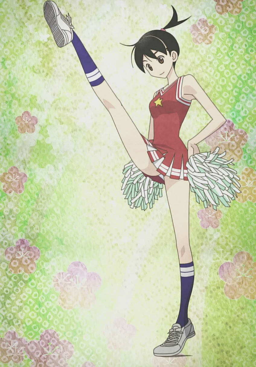 ookusa manami, sayonara zetsubou sensei, anime screenshot, highres, stitched, third-party edit, 00s, 1girl, black hair, brown eyes, cheerleader, female focus, leg lift, legs, okusa manami, panties, short hair, solo, split, standing, standing on one leg, standing split, underwear