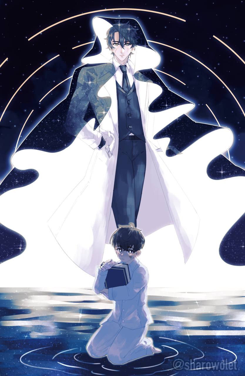 sharowolet, kim dokja, oldest dream, secretive plotter, yoo joonghyuk, omniscient reader's viewpoint, highres, 2boys, bandage on face, bandages, black hair, black necktie, black vest, book, cloak, coat, collared shirt, glowing, hands in pockets, height difference, holding, holding book, hood, hood up, hooded cloak, hugging object, kneeling, looking at viewer, male focus, multiple boys, necktie, night, open clothes, open coat, pajamas, ripples, shirt, short hair, star trail, starry sky print, vest, white coat, white shirt