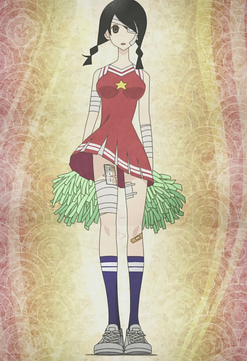 kobushi abiru, sayonara zetsubou sensei, anime screenshot, highres, stitched, third-party edit, 00s, 1girl, bandages, breasts, cheerleader, female focus, legs, solo