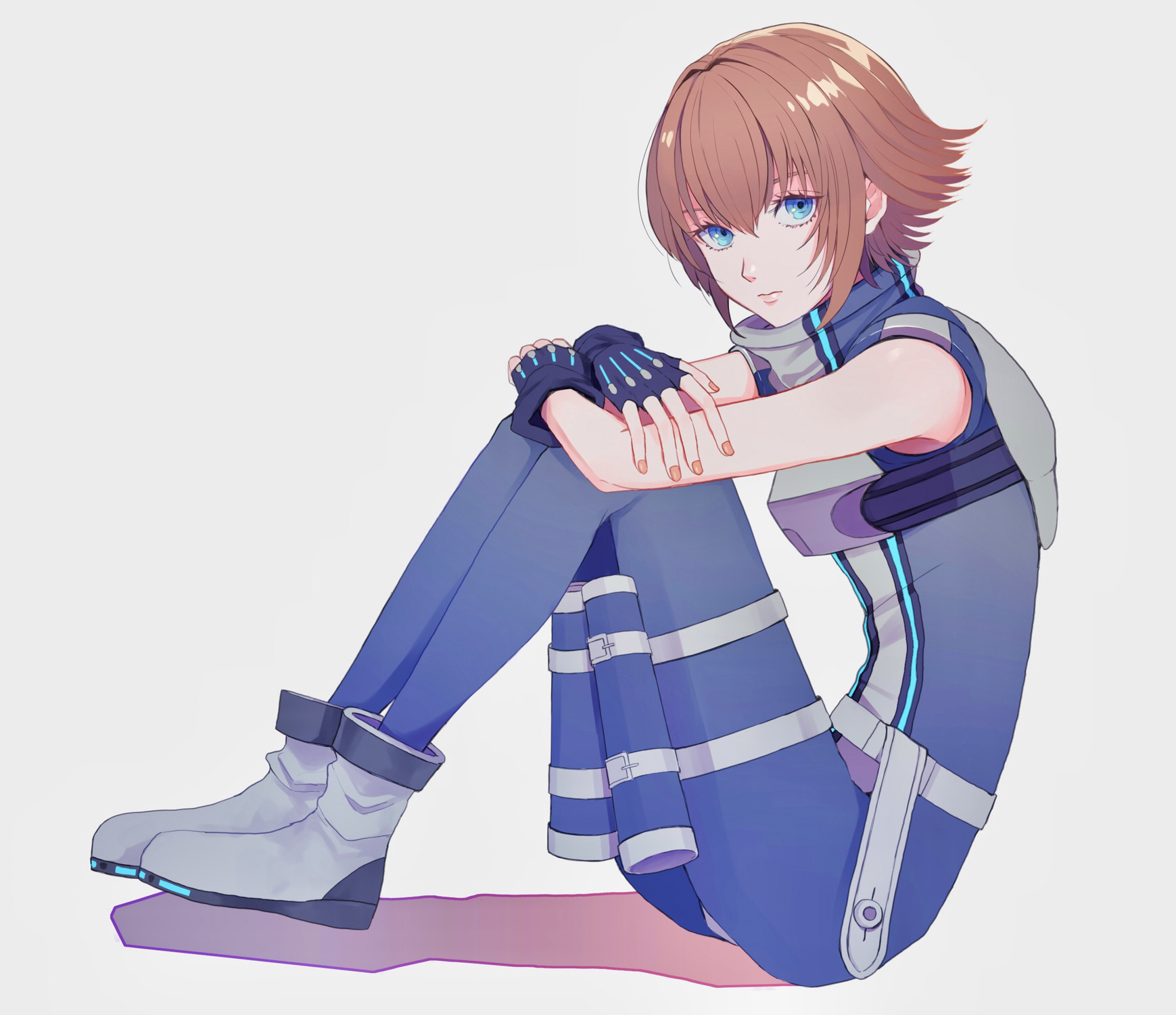 shelke the transparent, dirge of cerberus: final fantasy vii, final fantasy, final fantasy vii, commentary request, highres, 1girl, black gloves, blue bodysuit, blue eyes, bodysuit, boots, brown hair, closed mouth, expressionless, fingerless gloves, gloves, grey boots, hair between eyes, hugging own legs, looking at viewer, nahogiisio, orange nails, sheath, short hair, simple background, sitting, sleeveless, sleeveless bodysuit, solo, turtleneck, white background