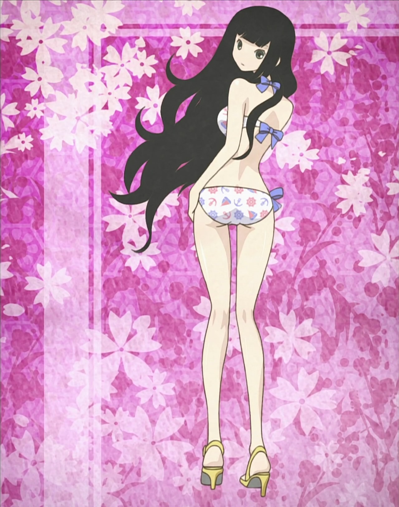 itoshiki rin, sayonara zetsubou sensei, anime screenshot, highres, stitched, third-party edit, 00s, 1girl, ass, bikini, black hair, female focus, high heels, long hair, long legs, looking at viewer, sandals, shoes, solo, swimsuit, wavy hair