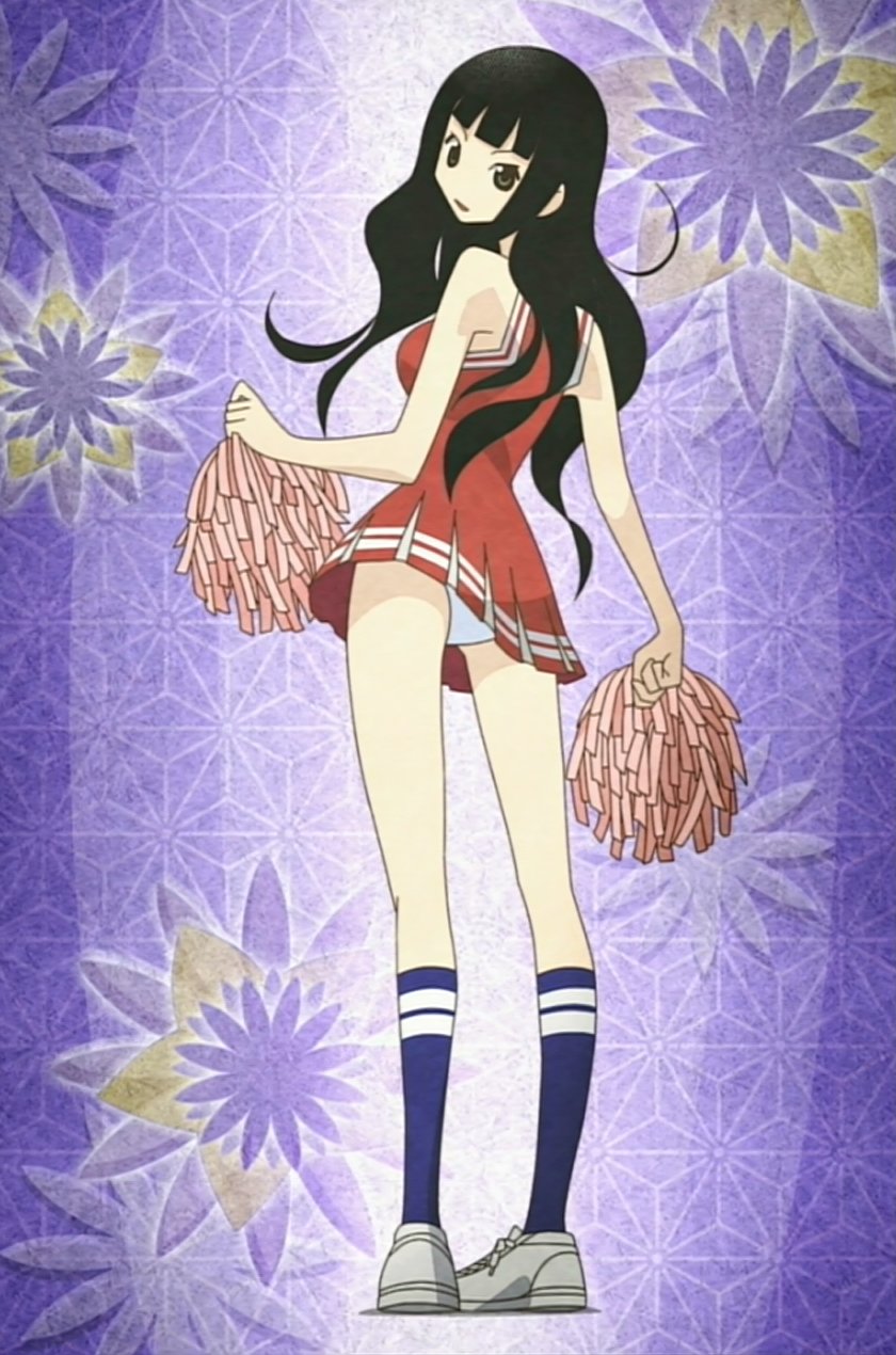 itoshiki rin, sayonara zetsubou sensei, anime screenshot, highres, stitched, third-party edit, 00s, 1girl, cheerleader, female focus, long legs, panties, solo, standing, underwear