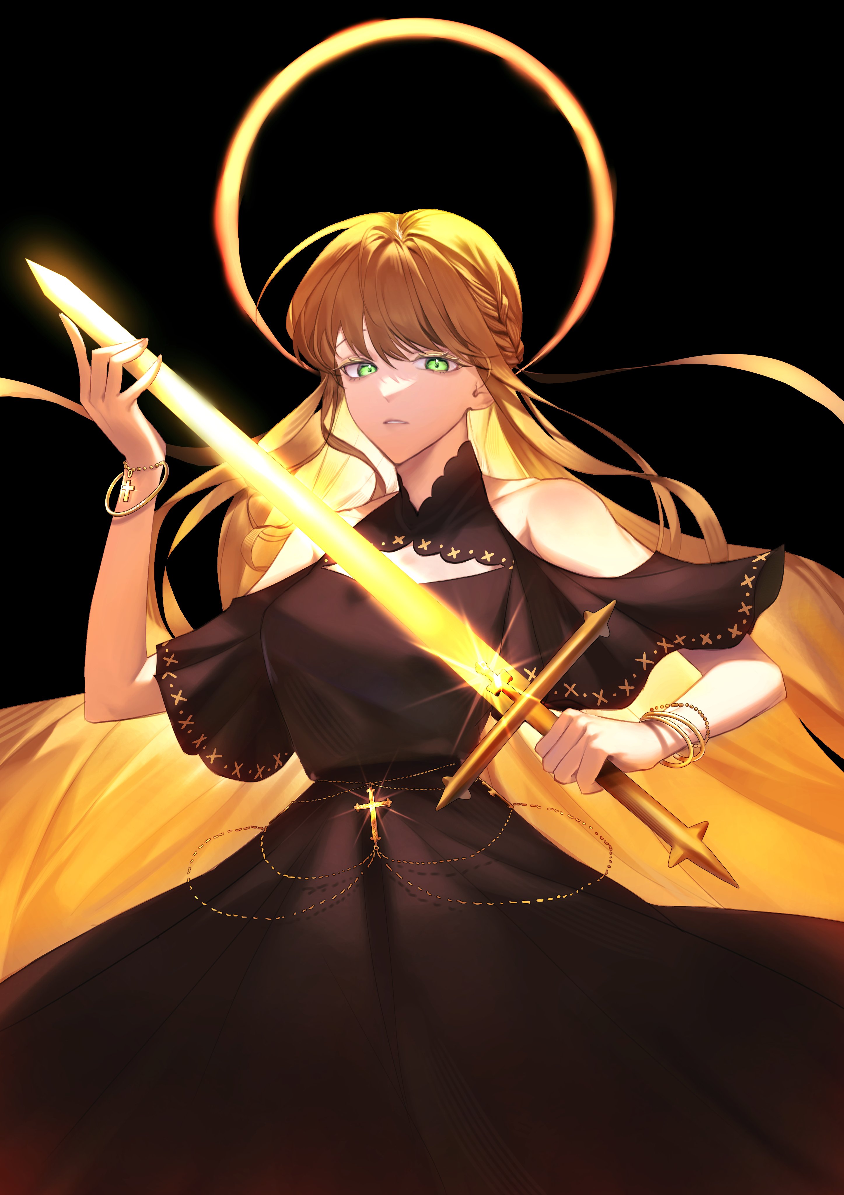 uriel (omniscient reader's viewpoint), omniscient reader's viewpoint, absurdres, commentary request, highres, korean commentary, 1girl, abin 44, above-cleavage cutout, bangle, black dress, blonde hair, bracelet, clothing cutout, cowboy shot, cross, dress, glowing, glowing hair, green eyes, halo, halo behind head, holding, holding sword, holding weapon, jewelry, long sidelocks, looking at viewer, parted lips, shoulder cutout, sidelocks, solo, sword, weapon