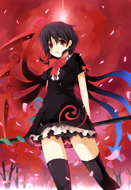 kurot, houjuu nue, touhou, 1girl, black hair, black thighhighs, female focus, polearm, red eyes, short hair, snake, solo, thighhighs, weapon, wings, zettai ryouiki