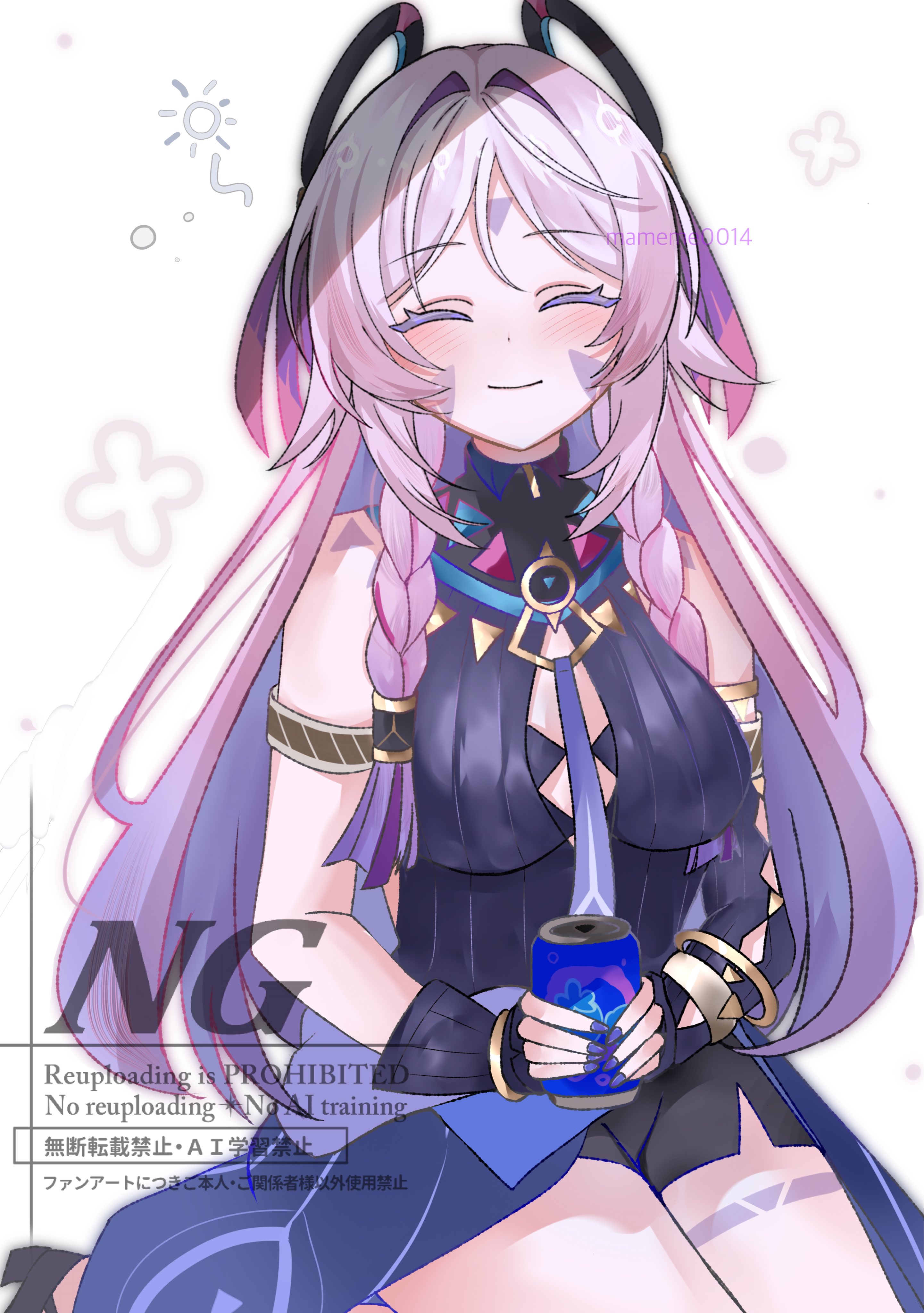 citlali (genshin impact), genshin impact, absurdres, commentary request, highres, 1girl, blush, braid, breasts, can, closed eyes, closed mouth, dress, drink can, long hair, mameme0014, medium breasts, pink hair, sleeveless, sleeveless dress, soda can, twin braids, watermark