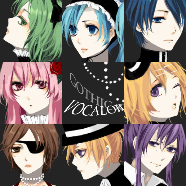kiekae, gumi, hatsune miku, kagamine len, kagamine rin, kaito (vocaloid), kamui gakupo, megurine luka, meiko (vocaloid), vocaloid, bad id, bad pixiv id, 3boys, 5girls, everyone, eyepatch, family, fedora, hairband, hat, lolita hairband, mini hat, mini top hat, multiple boys, multiple girls, top hat