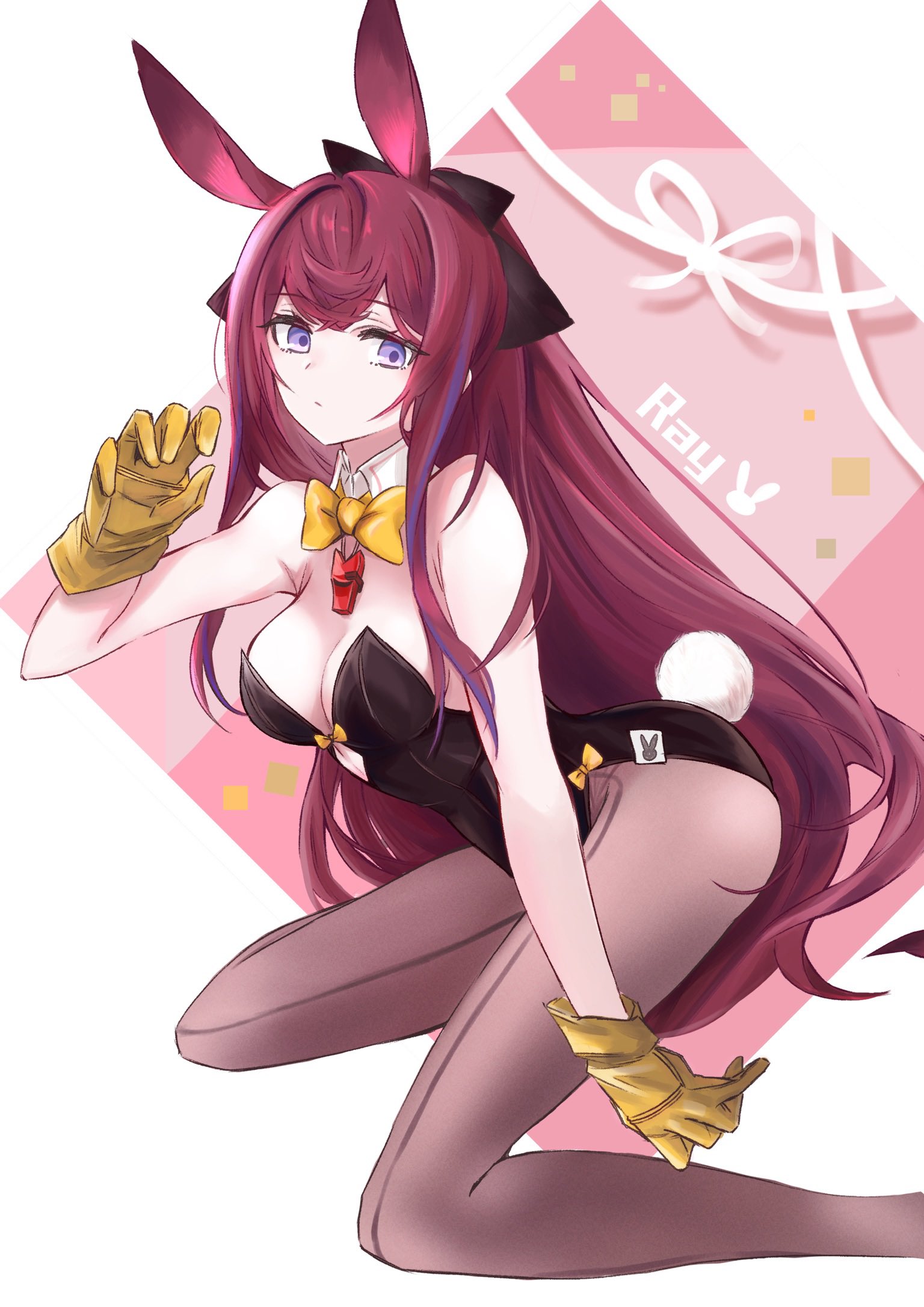 hiiragi (hiragi w p e), ray (arknights), arknights, commentary request, highres, 1girl, animal ears, bare shoulders, black leotard, bow, bowtie, breasts, character name, detached collar, front-seamed legwear, gloves, hair bow, leotard, long hair, looking at viewer, pantyhose, pantyhose under leotard, playboy bunny, purple eyes, purple hair, rabbit ears, rabbit girl, rabbit tail, seamed legwear, solo, strapless, strapless leotard, tail, yellow bow, yellow bowtie, yellow gloves