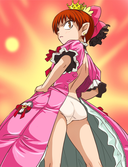 haruyama kazunori, nekomusume, gegege no kitarou, toei company, 1girl, bow, crown, earrings, female focus, hair bow, jewelry, loli, panties, pointy ears, red hair, scowl, slit pupils, solo, underwear, yellow eyes