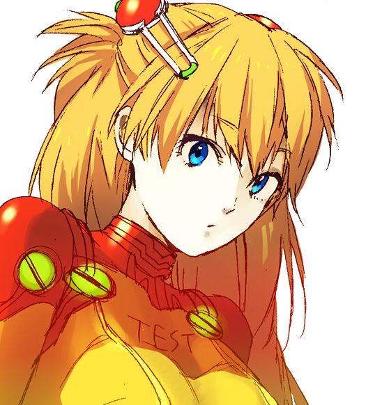 konno nigou, souryuu asuka langley, evangelion: 2.0 you can (not) advance, neon genesis evangelion, rebuild of evangelion, bad id, bad pixiv id, 00s, 1girl, blue eyes, breasts, female focus, mecha pilot suit, orange hair, plugsuit (evangelion), simple background, solo, test plugsuit (evangelion), white background