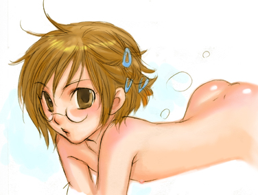 artist request, lowres, 1boy, blonde hair, blush, brown eyes, glasses, hair ornament, male focus, nude, short hair, shota, solo, trap