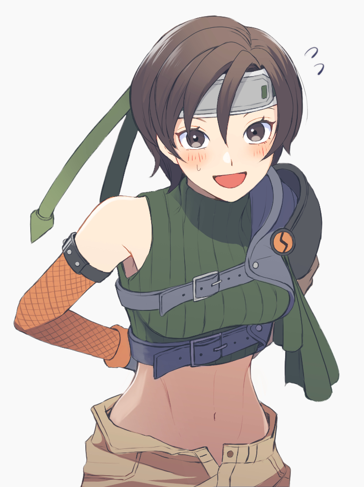 yuffie kisaragi, final fantasy, final fantasy vii, commentary request, 1girl, :d, arm strap, armor, arms behind back, black hair, blush, breasts, brown eyes, brown hair, brown shorts, crop top, flying sweatdrops, forehead protector, gloves, green shirt, hair between eyes, headband, looking at viewer, medium breasts, midriff, nahogiisio, navel, ninja, open fly, open mouth, orange arm warmers, shirt, short hair, shorts, shoulder armor, simple background, single bare shoulder, single fishnet armwear, sleeveless, sleeveless turtleneck, smile, solo, turtleneck, white background