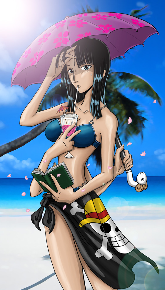 going merry, nico robin, one piece, 1girl, adjusting hair, arms behind back, beach, bikini, black hair, black skirt, blue bikini, blue sky, blunt bangs, book, bookmark, breasts, cleavage, cloud, cloudy sky, cocktail, cocktail umbrella, collarbone, cup, day, drink, drinking, drinking straw, extra arms, female focus, flag, hana hana no mi, holding, holding book, holding cup, holding umbrella, horizon, jolly roger, large breasts, lens flare, long hair, looking at viewer, multi limb, ocean, open book, outdoors, palm tree, petals, pirate, reading, sand, sarong, shiny skin, skinny, skirt, sky, solo, standing, straw hats jolly roger, sunlight, swimsuit, tree, umbrella