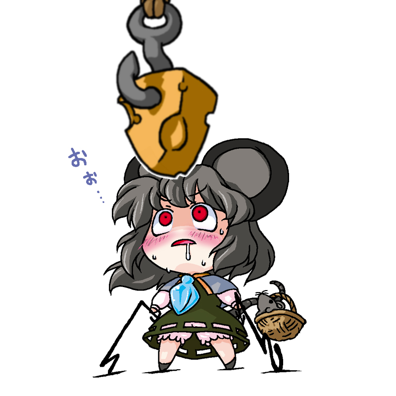 dewsell, nazrin, touhou, 1girl, animal ears, basket, bloomers, blurry, blush, cheese, chibi, depth of field, dowsing rod, drooling, female focus, food, grey hair, jewelry, looking up, mouse (animal), mouse ears, mouse tail, pendant, red eyes, saliva, short hair, solo, sweat, tail, underwear