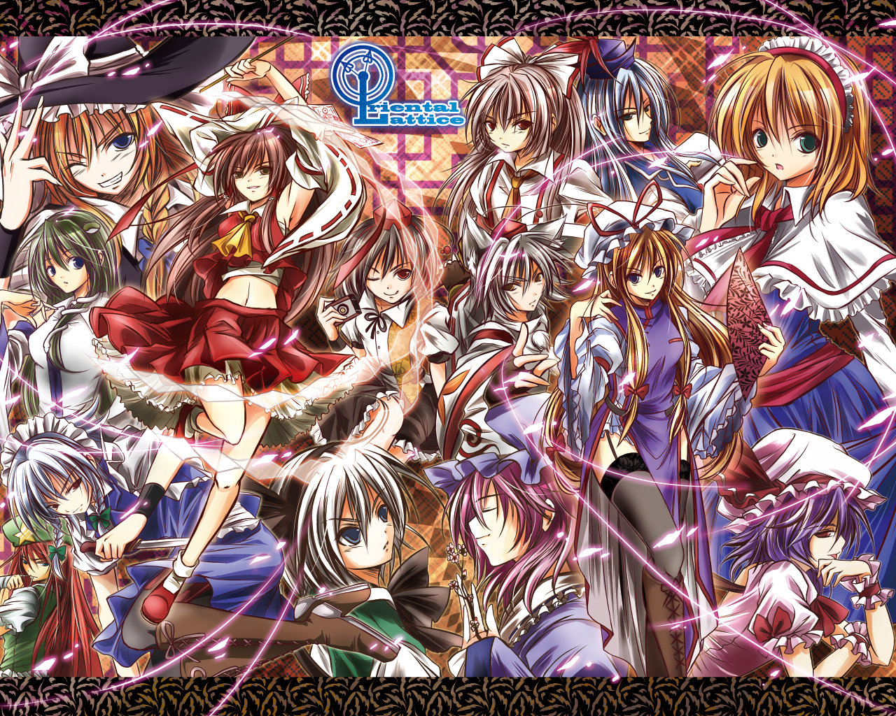 amamorient, alice margatroid, fujiwara no mokou, hakurei reimu, hong meiling, inubashiri momiji, izayoi sakuya, kamishirasawa keine, kirisame marisa, kochiya sanae, konpaku youmu, remilia scarlet, saigyouji yuyuko, shameimaru aya, yakumo yukari, touhou, black legwear, 6+girls, blonde hair, female focus, frills, hand fan, hat, long hair, multiple girls, one eye closed, thighhighs, witch hat