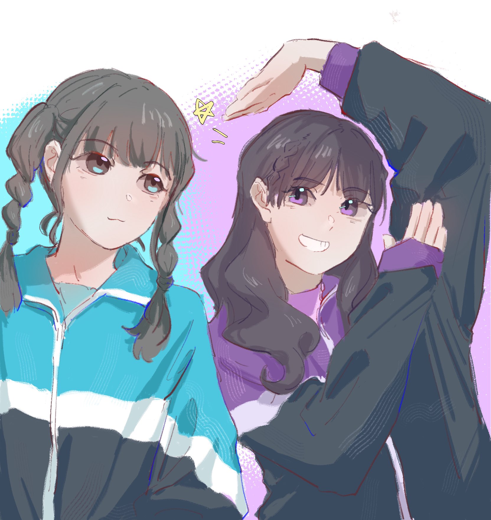 real life, commentary, highres, 2girls, animification, arm up, blue eyes, braid, clenched teeth, closed mouth, hand up, heart arms, jacket, long hair, long sleeves, looking at viewer, multiple girls, notice lines, pottatosoup, purple eyes, sakakura sakura, smile, star (symbol), teeth, twin braids, twintails, upper body, yuina (voice actor)