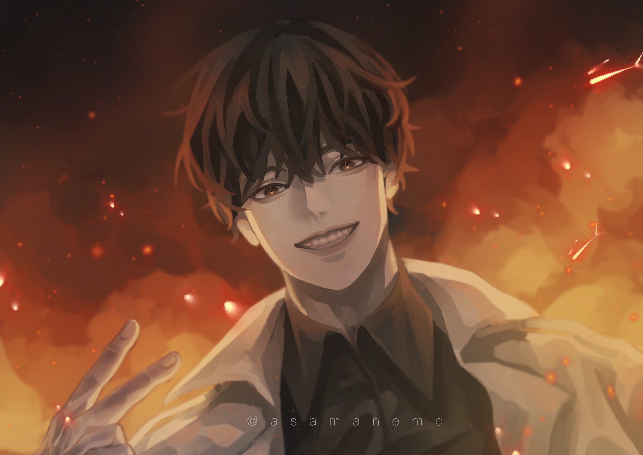 asamanemo, kim dokja, omniscient reader's viewpoint, commentary, english commentary, highres, 1boy, black eyes, black hair, black shirt, burning, coat, collared shirt, embers, evil grin, evil smile, fire, grin, hand up, looking at viewer, open clothes, open coat, popped collar, shirt, short hair, smile, sparkling eyes, upper body, v, white coat