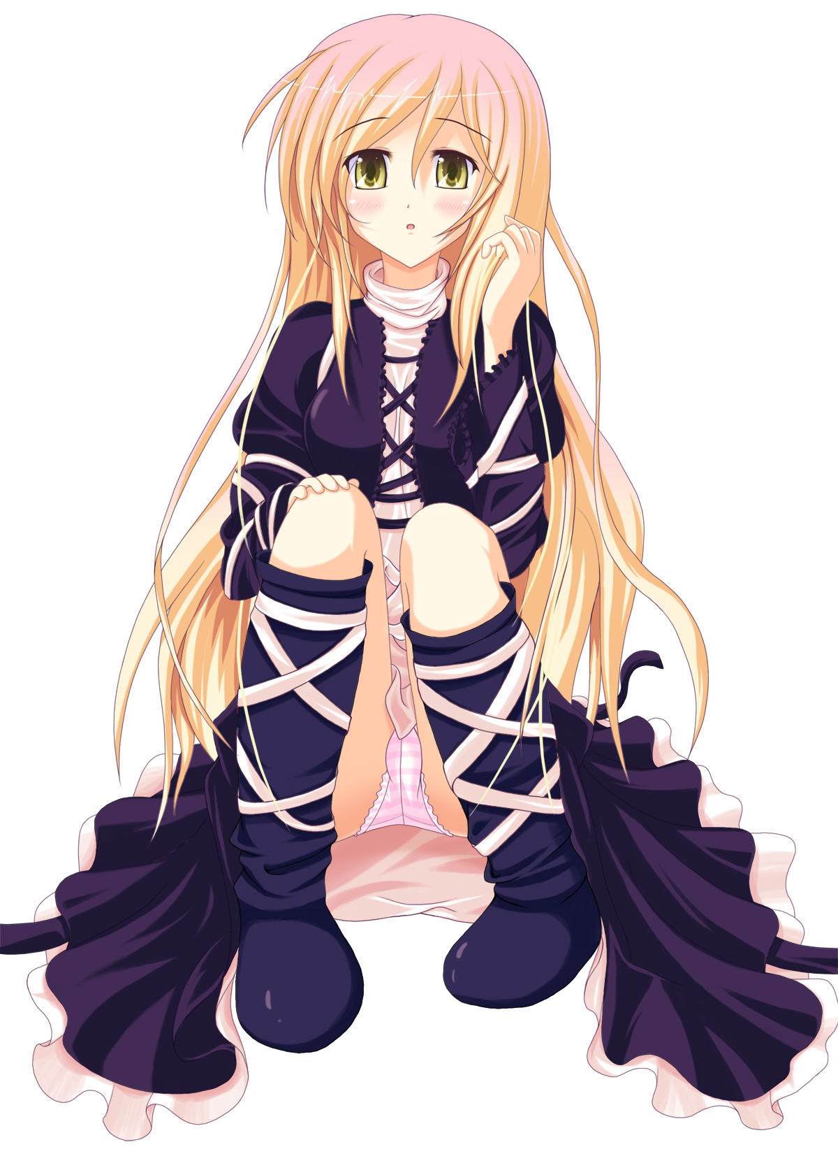 psyche3313, pushuke, hijiri byakuren, touhou, bad id, bad pixiv id, highres, 1girl, blush, dress, female focus, gradient hair, long hair, multicolored hair, open mouth, panties, pantyshot, ribbon, sitting, solo, striped clothes, striped panties, underwear, yellow eyes