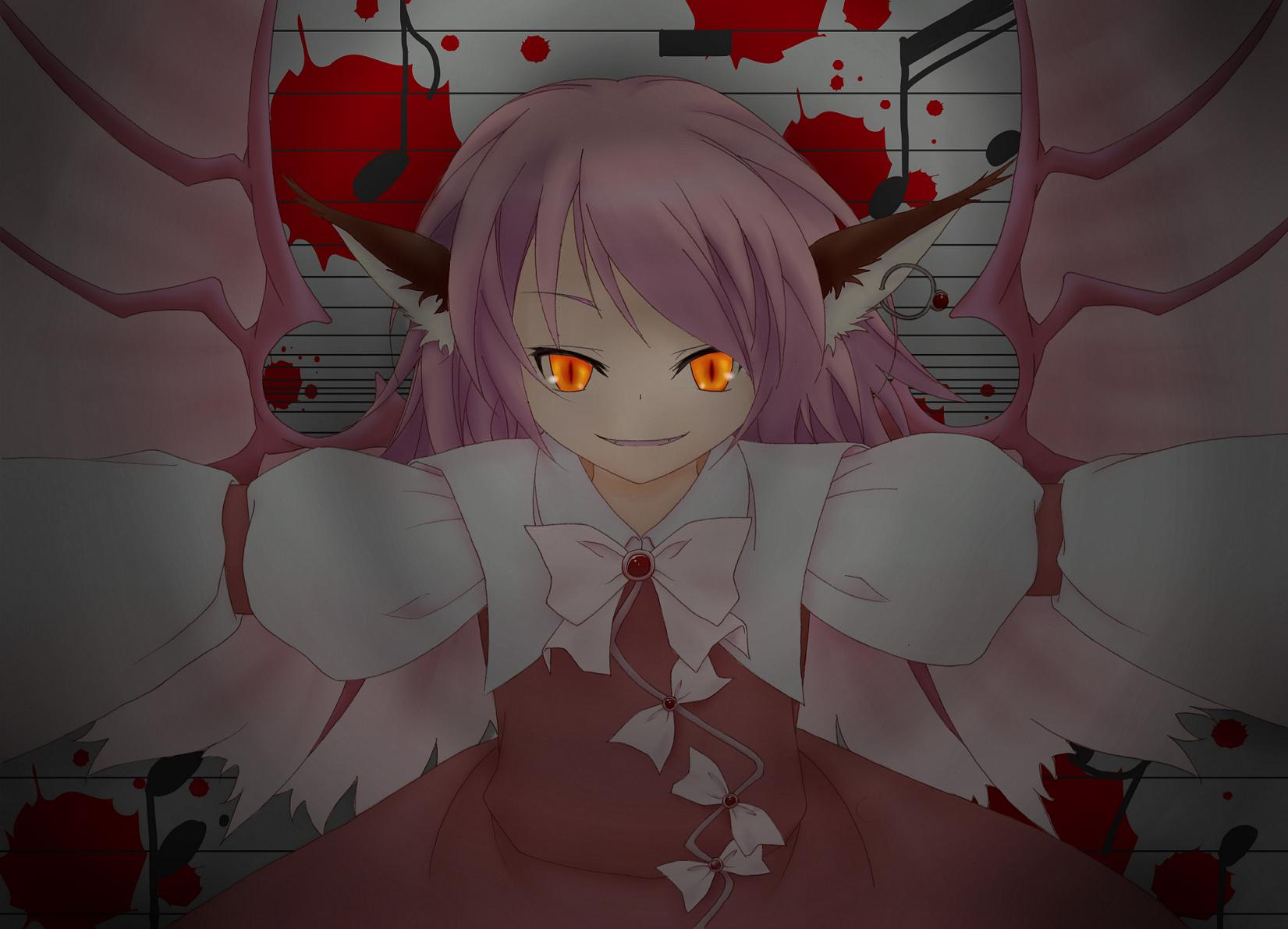 strelka belca, mystia lorelei, touhou, highres, 1girl, animal ears, blood, blood stain, darkness, earrings, female focus, glowing, glowing eyes, jewelry, musical note, outstretched arms, pink hair, short hair, slit pupils, smile, solo, spread arms, wings